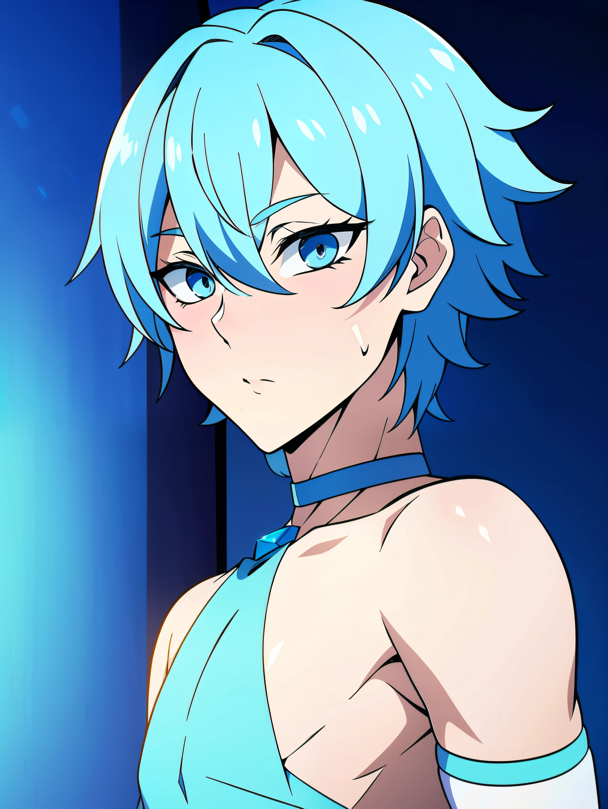 (high-quality, breathtaking),(expressive eyes, perfect face) Symmetrical Eyes, CFemboy, Make a boy with icy light blue hair and crystal blue eyes wearing short clothes in the (anime gay femboy style)and do it more in the femboy style mix drawing and anime style by making a sexy femboy without clothes Make him without clothes and with perfect and more femboy hentai style and femboy gay