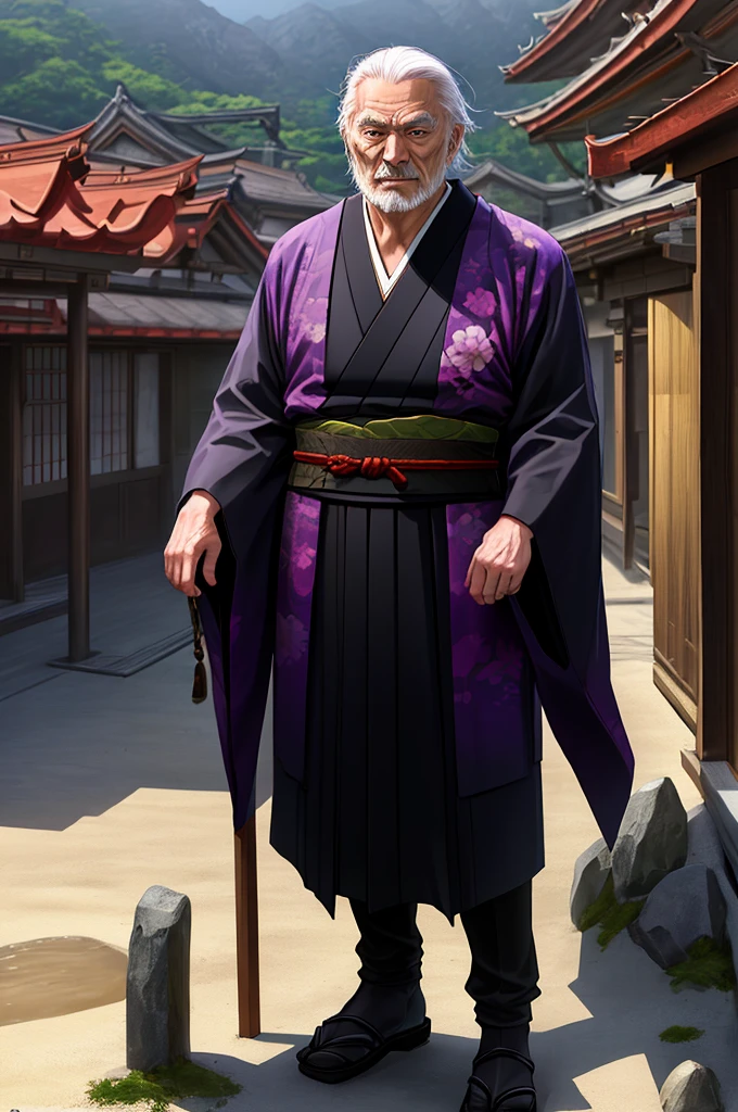 Highest quality，Best Quality，４K ，Alone，Perfect Head，（Full body shot including the top of the head），（Mt. Umihara），Oishinbo characters，Wearing a black jinbaori over a purple kimono，Long black hair，Beardless face，Gentlemanly old man，Wrinkled old man，Glaring Eyes，smug face，（Japanese restaurant_background）