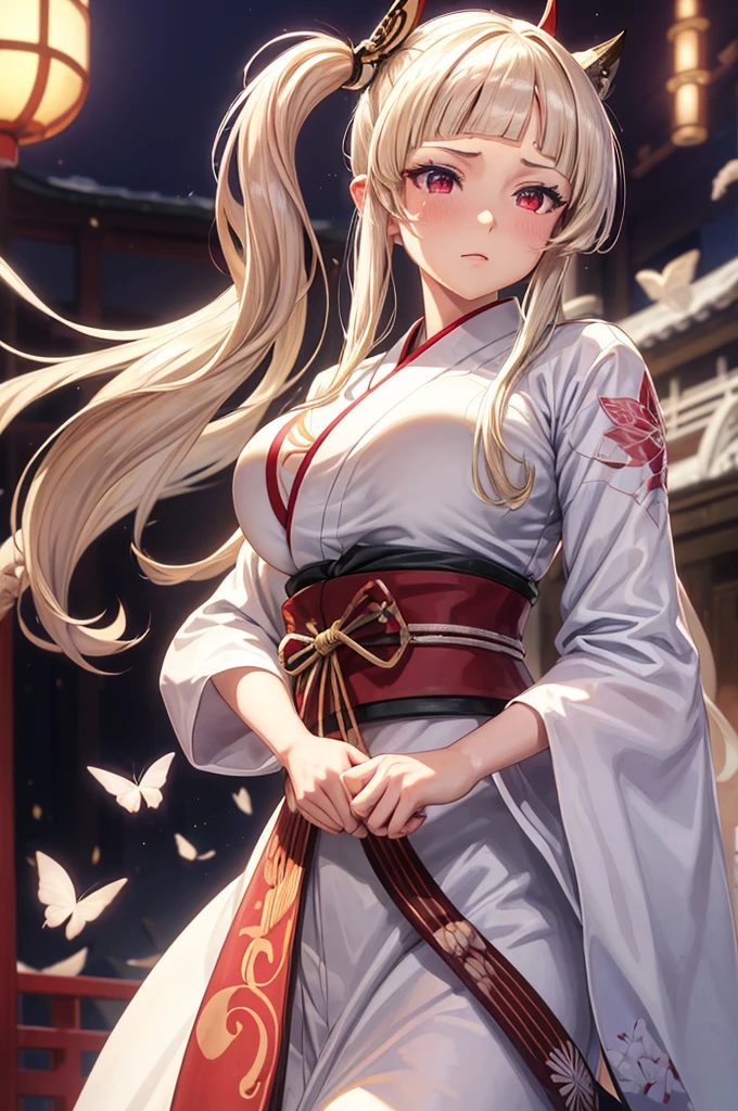 One woman, Wearing a white kimono with butterfly patterns, Blue Eyes, Long straight hair, Tight waist, Inside an old Japanese castle with big breasts, Senran Kagura shiki, long hair, bangs, blonde hair, hair ornament, (red eyes:1.3), sidelocks, hairclip, mole, (parted bangs:1.5), makeup, mole under mouth, eyeshadow, cinematic lighting, cowboy shot, UHD, retina, masterpiece, accurate, anatomically correct, textured skin, super detail, high details, high quality, award winning, best quality, highres