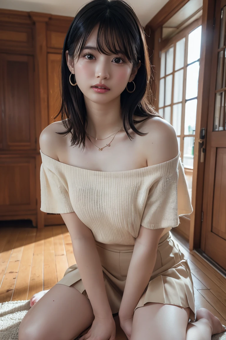 absurdres, RAW photo, extremely delicate and beautiful, masterpiece, Best Quality, ultra high resolution, 32k, hyperrealistic, ultra-detailed, perfect anatomy, anatomically correct, perfect figure, Perfect Style, Perfect balance, super Detailed skin, in her 20s, very Slim body, narrow waist, very small head, very small face, delicate facial features, tearful mole, earring, very huge round breasts, whole body shot, whole legs, medium hair, asymmetrical hair, indoor, knitted shirt, skirt, tie,