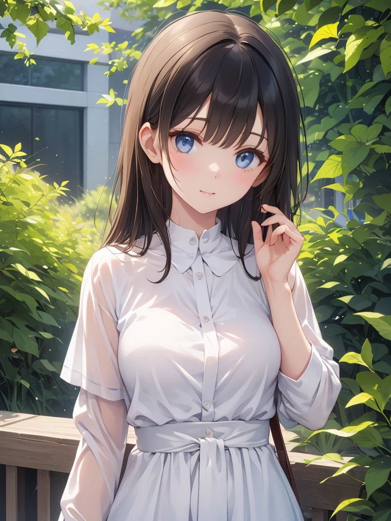 Masterpiece, 8k, Highest quality, Depth of subject, Beautiful high school girl, A gentle gaze, Relaxed atmosphere, Your smile is cute, Cat, Japanese cityscape, Back Alley, stroll, Beautiful, detailed depiction, Soft sunlight, good morning