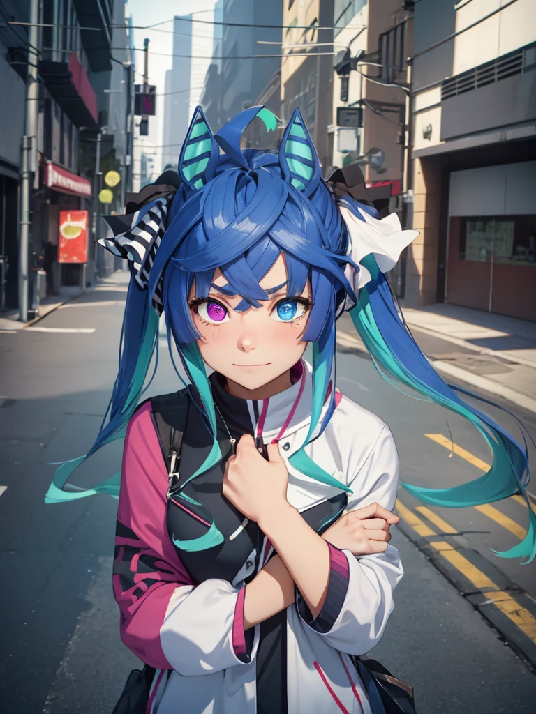 (​masterpiece、top-quality、hight resolution、Unity 8k、extremely details CG:1,Best Picture), Twin_Turbo_Umamusume, aqua hair, twintails, heterochromia, purple eyes, blue eyes, sharp teeth,  horse ears, horse girl, "From the perspective of the woman who just rejected a confession, the scene captures the heartbroken expression of a woman who can only love other women. Her face is caught in a fragile smile, tears welling up in her eyes as she tries to hold back her emotions. Her voice trembles as she says, 'Oh... right, of course' The empty street around them emphasizes the loneliness of the moment, as she stands there, utterly crushed but forcing a smile."((upper body, office lady))