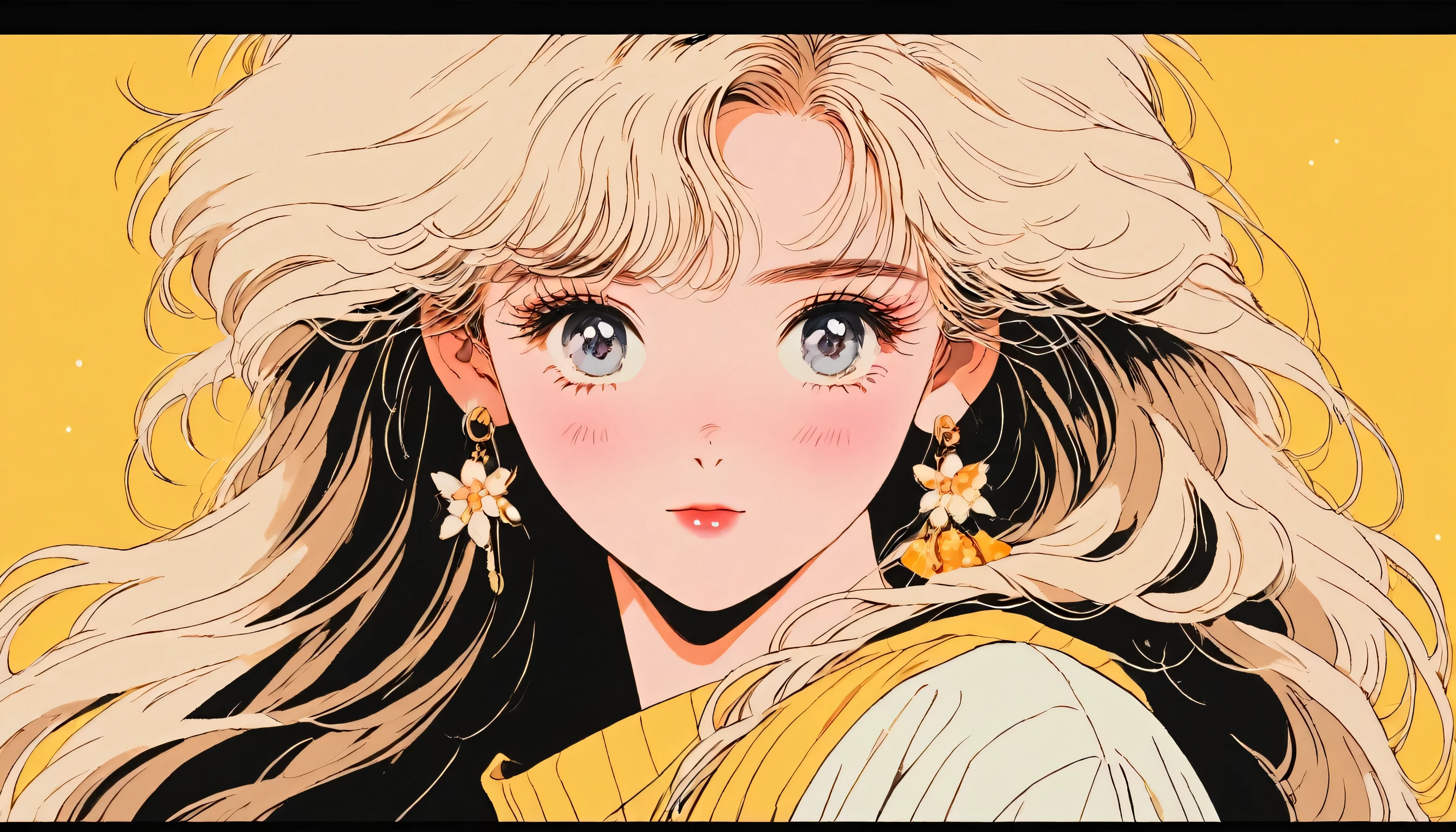 90’s anime style, 1990s style, clear, 1980s style, (blush:1.7), the highest quality, 8k, 1 woman, Only, lofi girl, lofi art, lofi feeling, looking at the viewer, very big eyes, wearing 1980s clothes, upper shot, close up, smiling, light brown eyes, skin white as snow, sparkling eyes, yellow hair, long hair with forehead bangs, anime girl wearing sunglasses, solid black background with no other elements