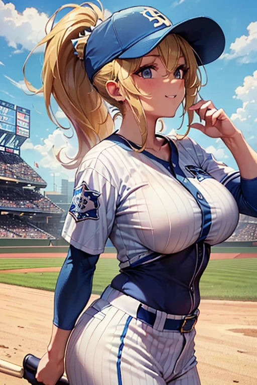 masterpiece,Best Quality,Super high-definition description,Full HD,16k,Super Resolution,Accurate human anatomy,Correct human anatomy,fun,smile,((Daytime,Baseball Stadium)),Playing baseball:1.8,Holding a bat:1.6,One Woman,Staring straight ahead,((Blonde,ponytail_Long Hair,blueの瞳)),Open your eyes,expensive,Muscular,(((Abnormally large breasts_Breasts overflowing from clothes))),Long legs,(((Baseball uniform_blue,Long jersey_blue_Spikes_blue))) 30 years old,German,Colours of the 90s,Side view,Dynamic Angle,funシーン.