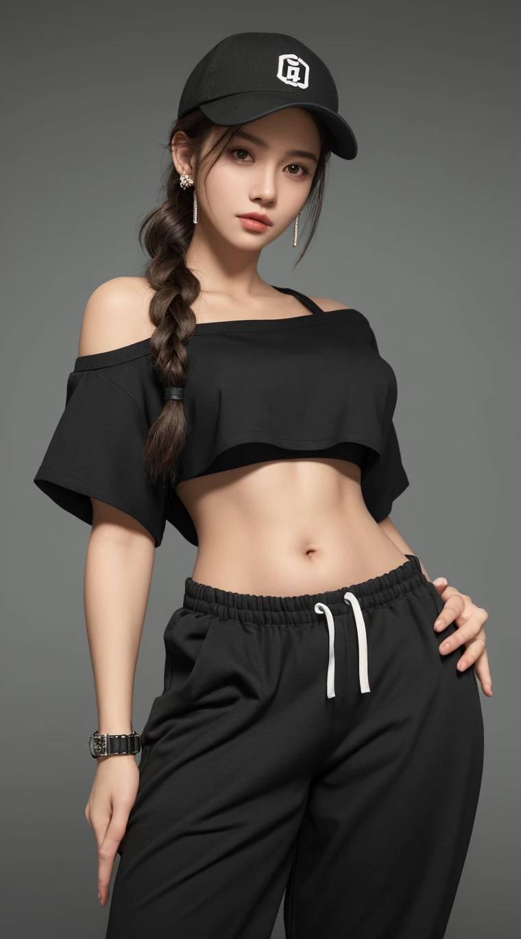 enlargement, (japanese cartoon movies:1.3), (whole body, fashion portrait:1.6), very detailed, beautiful, masterpiece, best quality, _ break (1 woman:1.2), 22 years old, 160cm, Cute model from Japan, Tightened whole body, (big bust:1.3), small head, small face, diamond face, small nose, Sharp face line, young hands and fingers, beautiful hands and fingers, five fingers, _ break (shiny lips:1.3), (brightly colored lips, half open mouth, beautiful Teeth:1.2), (droopy eyes, double eyelid, blue eyes:1.), _ break (arranged hairstyles:1.3), (black hair:1.3), _ break (gray background:1.4), Fog, Fog, _ break (cowboy shot, from below:1.4), (standing:1.6), (sexy, fashion model pose:1.6), break (ultra Soft fabric oversize baggy t-shirt:1.3), (large, short, baggy:1.4), (non-compressed hem, large hem:1.6), black body paint, (1/4 short Length:1.4), (black low rise pants:1.4), (NSFW:1.4),