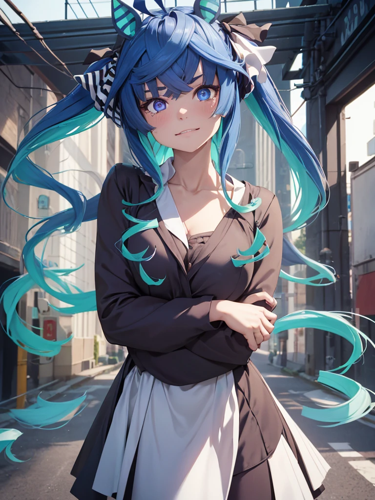 (​masterpiece、top-quality、hight resolution、Unity 8k、extremely details CG:1,Best Picture), Twin_Turbo_Umamusume, aqua hair, twintails, heterochromia, purple eyes, blue eyes, sharp teeth,  horse ears, horse girl, "From the perspective of the woman who just rejected a confession, the scene captures the heartbroken expression of a woman who can only love other women. Her face is caught in a fragile smile, tears welling up in her eyes as she tries to hold back her emotions. Her voice trembles as she says, 'Oh... right, of course' The empty street around them emphasizes the loneliness of the moment, as she stands there, utterly crushed but forcing a smile."((upper body, office lady))