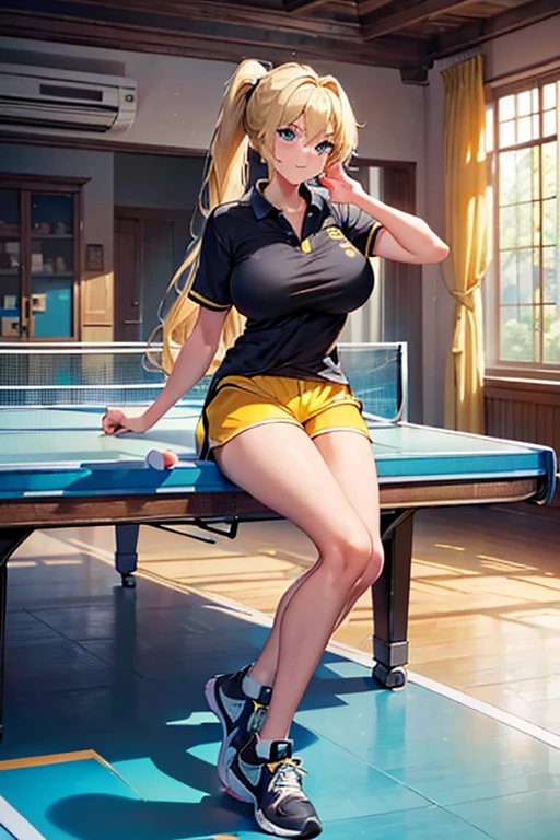 masterpiece,Best Quality,Super high-definition description,Full HD,16k,Super Resolution,Accurate human anatomy,Correct human anatomy,fun,smile,((Daytime,Table tennis court,Ping-pong table)),Playing table tennis:1.8,I have a racket:1.6,One Woman,Staring straight ahead,((Blonde,ponytail_Long Hair,Blue Eyes)),Open your eyes,expensive,Muscular,(((Abnormally large breasts_Breasts overflowing from clothes))),Long legs,(((Polo shirt_yellow,Shorts_Black,shoes_Black))) 30 years old,German,Colours of the 90s,Side view,Dynamic Angle,funシーン.