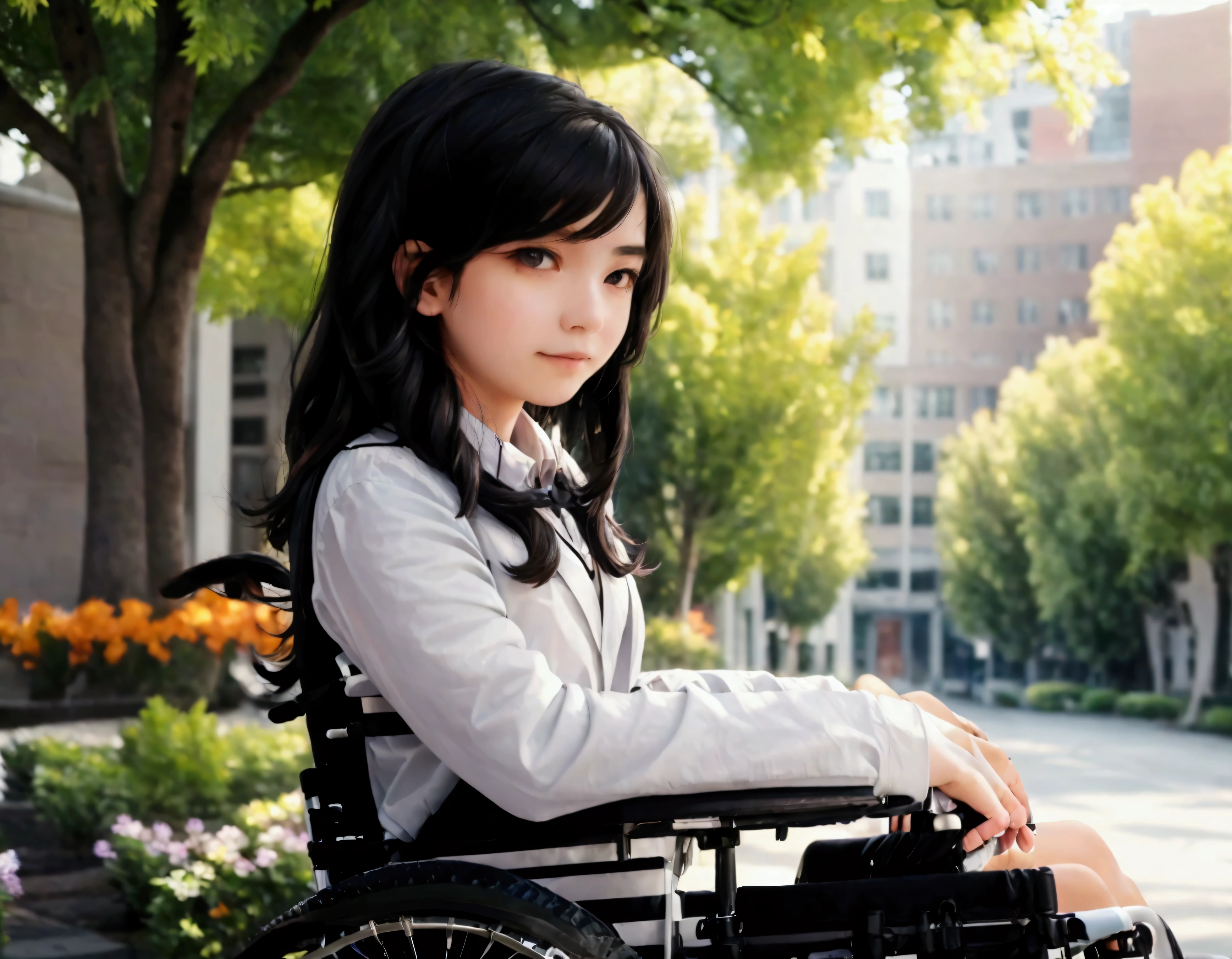 Best Quality, masterpiece, High resolution, One Girl　high school student　High School Uniform　Black Hair　Long Hair　(wheelchair)　Sitting in a chair　Park Street　Sunny Day　Front View　Cowboy Shot