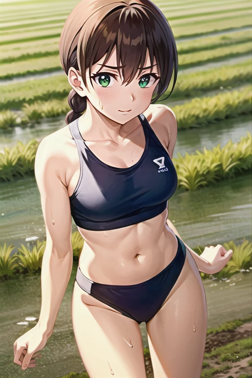 Miyanoshita Satsuki, green eyes, brown hair, braid, long hair, hair bow,T-shirt sheer with sweat　Muddy sports bra　Muddy sports bikini　Rice fields in the countryside　Covered in mud　Standing in a rice field　Bad mood　mud droplets