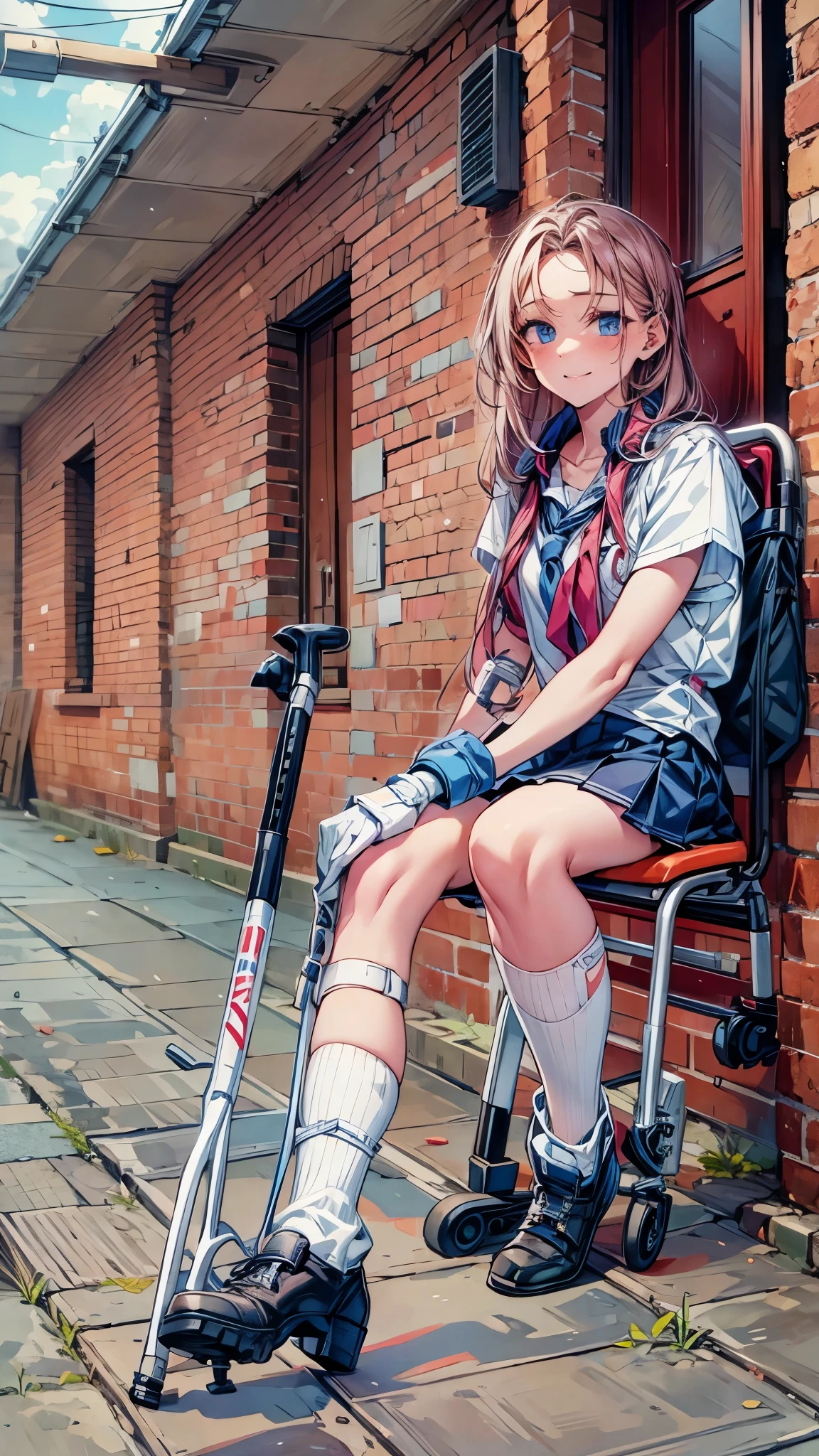 one disabled beautiful girl,1 girl,high school uniform,Beautiful girl with a broken leg and crutch,disabled leg,thin body,Lean on a cane, With a cane,medical, Carrying a walking stick, leg brace, Leg and thigh shots, Really great images, Leg shots,smile, Blushing, boots with leg brace,