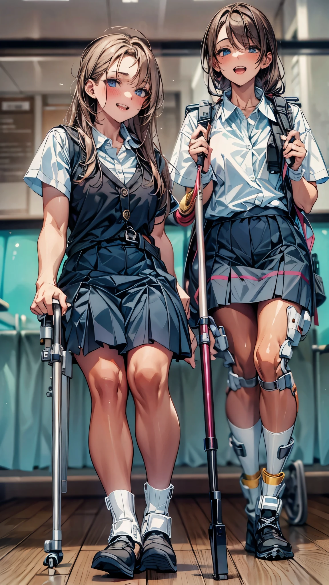 one disabled beautiful girl,1 girl,high school uniform,Beautiful girl with a broken leg and crutch,disabled leg,thin body,Lean on a cane, With a cane,medical, Carrying a walking stick, leg brace, Leg and thigh shots, Really great images, Leg shots,smile, Blushing, boots with leg brace,