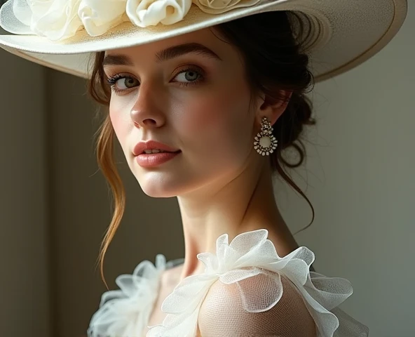 Photorealistic head-to-toe image of a gorgeous brunette woman wearing a tight formal gala-dress and a large chupalla-hat, hair in a bun, hair-bun, Colorants naturels, pose dynamique, Kinematic image, detail Gorgeous face, detailed skin, (Epic science-fiction heroine, fantasy world, Femme fatale, (inspired by Tomer hanuka, Victor Mosquera, jean giraud moebius)) Looking with purple eyes on camera, Rendu octane, Hdr, couvrir, unzoom, luminisme, Bar lighting, complexe, 8k Resolution Portrait Bioluminescens Fractal Isometry Details : Stunning realistic photography.