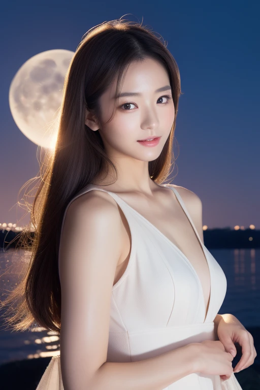 (One girl with slender small breasts and long hair with dull bangs in a white dress1.5)、(One girl looking up the sky with small smile :1.3)、(Low angle shot :1.5)、(Beautiful one full moon:1.5)、(Perfect Anatomy:1.3)、(No mask:1.3)、(complete fingers:1.3)、Photorealsitic、Raw photography、masutepiece、top-quality、hight resolution、delicate and pretty、face perfect、Beautiful detailed eyes、Fair skin、Real Human Skin、pores、((thin legs))、(Dark hair)
