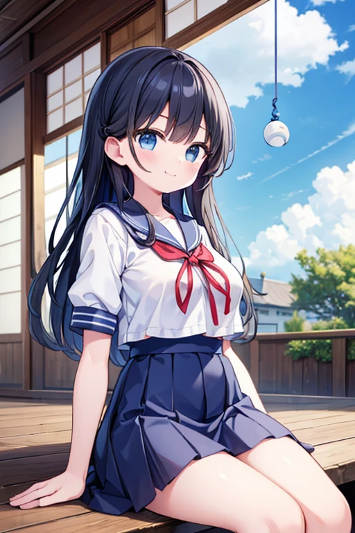 One girl, (High resolution, Anatomically correct, masterpiece, Textured skin), Long Hair, Black Hair, blue eyes, smile, summer,blue sky,Veranda,High school girl,Sailor suit,Hair blowing in the wind, wind chimes,White Clouds,((sit)),Character profile, Large Breasts, Short sleeve,Light blue ribbon