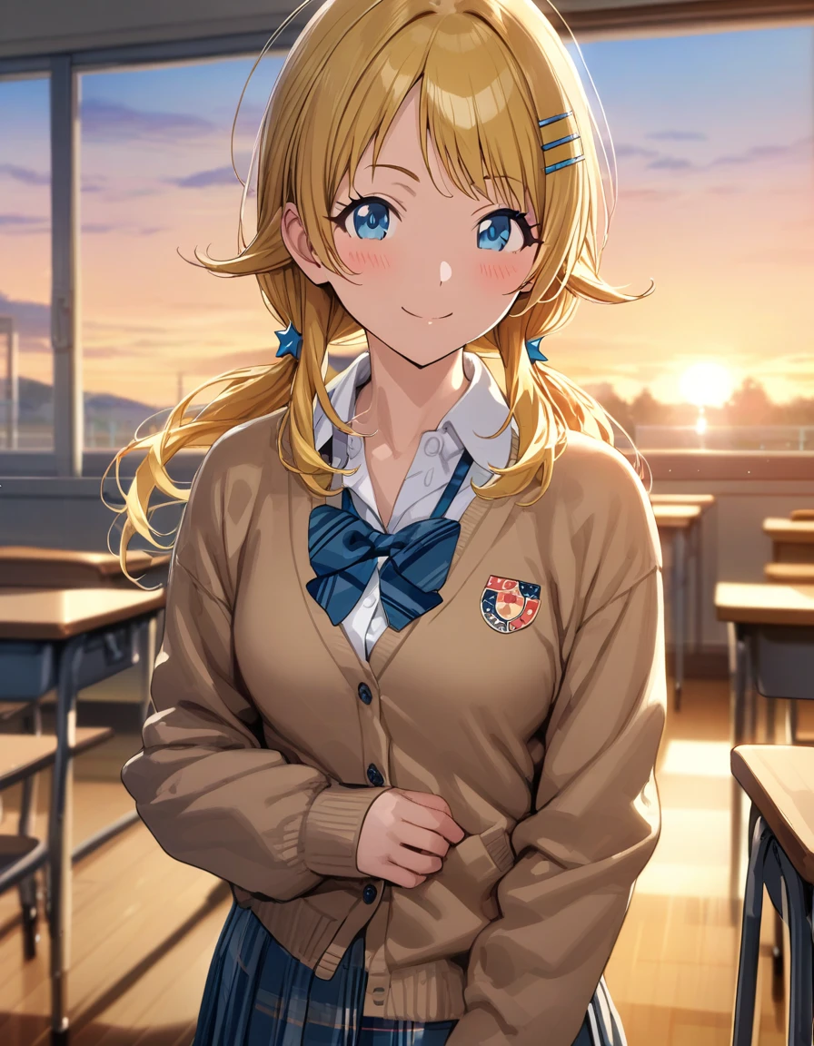 (masterpiece),(Highest quality),(Very detailed),(Best illustrations),(Best Shadow),(Absurd),(Detailed Background),(so beautiful), 
Official Style,

Meguru Hachimiya, blonde hair, long hair, blue eyes,

the idolmaster shiny colors,
low twintail,
chest,
blush,
smile,

school uniform, Cardigan,

alone,
Japan,
classroom,
evening,
Sunset,
Background Blur, 
focus on face,
realistic skin,
cowboy shot,