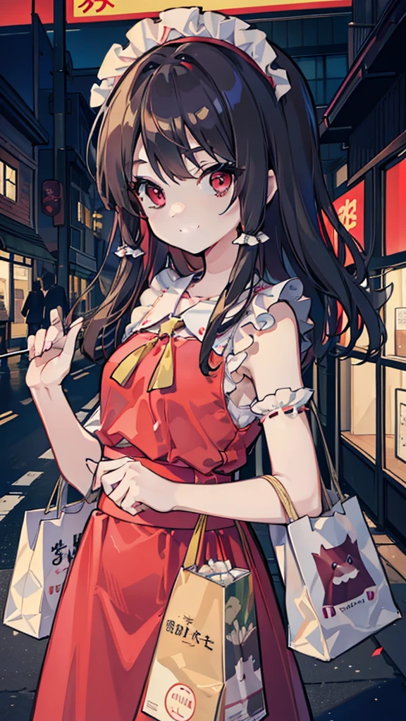 masutepiece, Fine detail, 4K, 8K, 12K, Solo, 1 person, Beautiful Girl, caucasian female, Upper body, maid clothes、Borei Reimu、A dark-haired、red eyes、wingspan、Smile, shopping bags, Paper bags, Detailed background, city, Harajuku