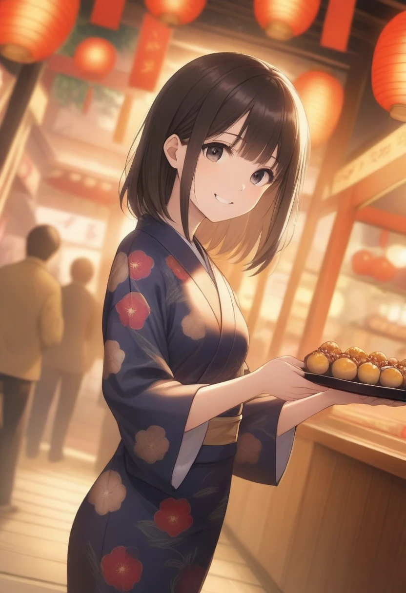 Masterpiece,Highest quality,Detailed Background,night,Fireworks seen from between the food stalls,1 Girl,Red eyes,smile,Long twin tails,Brown Hair,Eyebrows visible through hair,Flat Chest,Blue yukata,Cleavage,Nipples,upper body