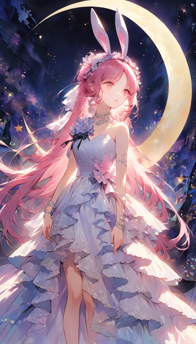 「With a large crescent moon in the background、A fashionable woman is standing in sophisticated pink modern clothes。Apply subtle makeup、Tall bunny ears add a playful touch to this sophisticated look.。The scene is enveloped in soft moonlight.、Enhances the dreamy and fantastical atmosphere。」