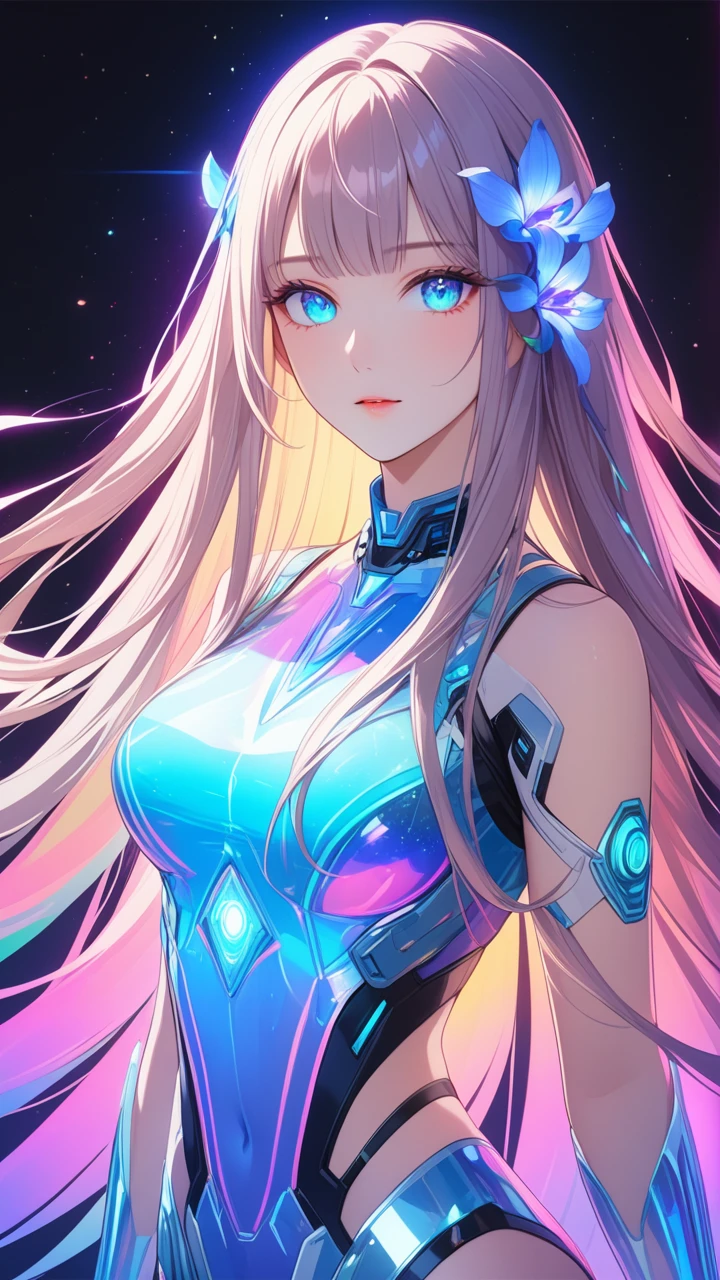 8K, Ultra HD, Masterpiece, 1 girl, exquisite face:1.5), very long hair, strait hair, detailed eyes, ultimate details, wearing transparent science fiction clothes, blue clothes, (glowing clothes:1.4), amazing magnificence, LED Internal lighting, glowing iris, glowing iris, transparentcolorvinylclothing, transparentcolorPVCclothing, chromaticaberration, prismatic, holographic, colorful 