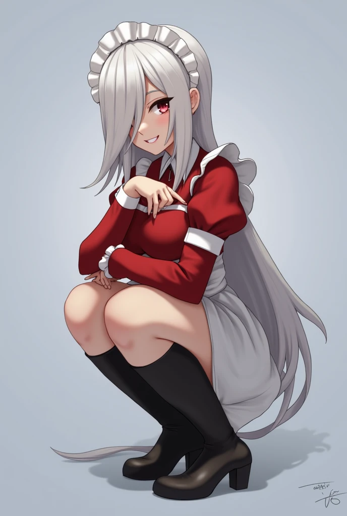 NSFW, Mutsuki, Mutsuki_Blue_Archive, long hair, white hair, playful, smug, sweaty, bright smile, flat breasts, small breasts, dress, red dress, teasing, giggle, upskirt, lifting dress, no panties, cunny, pussy, sticky