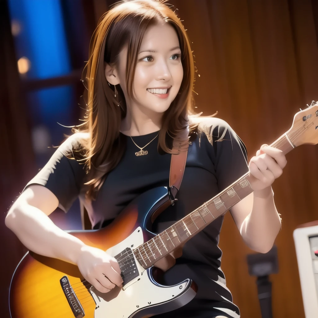 ((best quality)), photorealistic, photorealism, Photorealistic, high resolution, school girl blazer、 black tank top、Red checked knee-length skirt、Long skirt、JK Style、Jacket、smile、Knee-high socks、Thigh-high socks、pantyhose、A superb beauty、Super cute、ennui、Rare beauty、Very Short hair、Aestethic tatoo, Black Dark Eyeshadow、Sad、white skin、pale skin, short hair straightener、Dark Gothic Makeup、Cute Smile、Fragrant beauty、Stained glass background、Mastepiece、Best Quality、Refers to 5 books、Sweat glistening on my chest、Sweat glistening on my face、Large breasts、Huge breast、Red hair、Age 20 years old、Mysterious look、A sad expression、Red Hair、mysterious gothic church、enchanting castle、Sweating profusely all over the body、A lot of sweat and light on the thighs、Shiny thighs、Plenty of sweat glistening on the thighs、A large amount of sweat glistens on my thighs、Sweating profusely、Gal、Large breasts、beautiful face、Alluring expression、Thin thighs、Playing electric guitar、I have an electric guitar、Sing a song enthusiastically、Playing guitar in a band、Playing guitar chords、Live House Background、Sing a song、Open your mouth、Live house scenery、Mike stand、Glamorous live stage、Dynamic Angle、cinematic lighting, backlight lighting