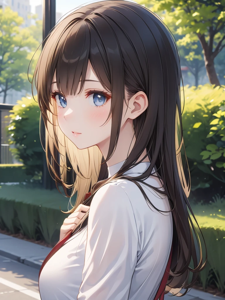 Masterpiece, 8k, Highest quality, Depth of subject, Beautiful high school girl, A gentle gaze, Relaxed atmosphere, Your face is so cute, Emotional expressions, Japanese cityscape, Back Alley, stroll, Beautiful, detailed depiction, Soft sunlight, good morning