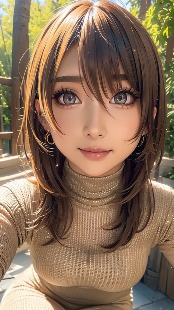 Very detailed, beautiful, highest quality, Professionally taken photos, Like a poster, detailed beautiful round eyes, beautiful detailed face, Whole Body Ezbian, Medium Long Hair, Casual Hairstyles, (Random color hair, Golden mesh), Big eyes, Random color eyes, Long eyelashes, Thick mascara, Dark eyeliner, (Huge breasts), (Bust about to burst:1.45), Wide selection, Thick waist), (Wide Hips:1.4, Toned thighs, Body Curves), 40 years old, woman, (White tight dress, white), Perfect Face, Perfect body, Sexy pose, (A shy smile), Random Location, nature, (alone), The light on my face,