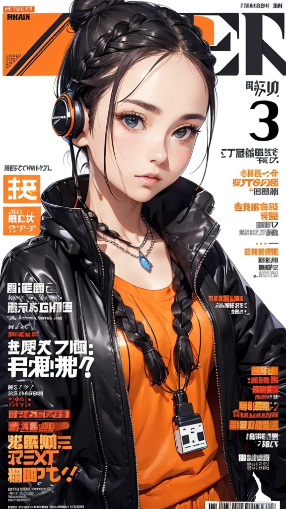 ((Upper body naked))、(Magazine Cover:1.3)、Ulzzang-6500、(Realistic:1.3)、(original:1.2)、masterpiece、highest quality、Beautiful pretty face、Whole Body Ezbian、1 Female、(Wear headphones with complex electronics)、Wearing a black techwear jacket and orange pants with buckles and tape、(Crystal Necklace)、Pose for a photo、(White braided hair bun)、Remains、Pylon