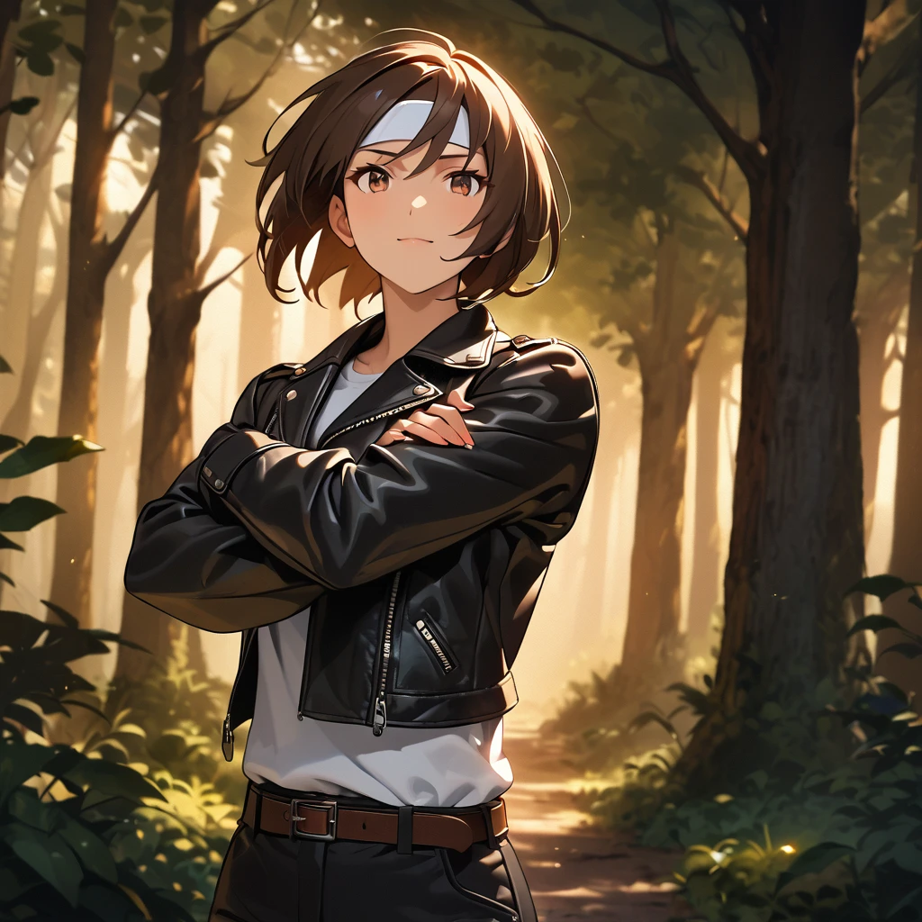 High Definition, 8K, Top Quality, Detailed, Anime Style, Smooth Animation, One Girl, 20 Year Old Japanese Woman, Slim, Modeled, Lustrous Brown Hair, Detailed Face, Beautiful and Detailed, Glowing Skin, Hard Focus, Film Grain, Soft Lighting, Looking Toward Audience, Laughter (Dressed in ((black leather jacket with rolled up arms)), fingerless gloves, white T-shirt, ((white headband)), long black pants, white shoes, woman with brown belt and hat), in a large forest, lit by sunlight shining through the trees