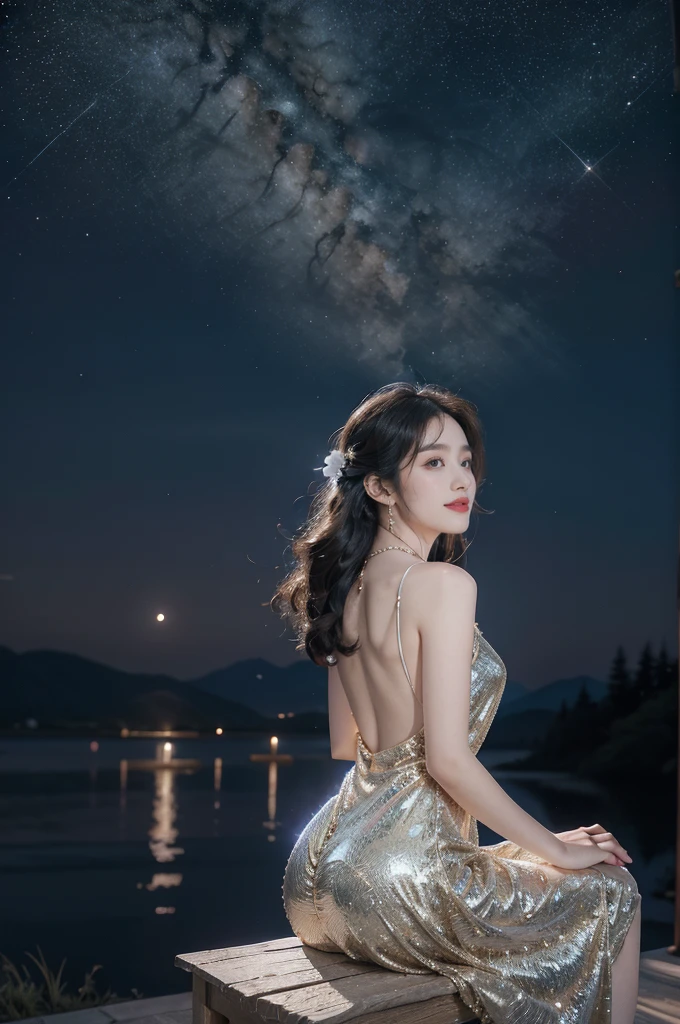 Highest quality, masterpiece, Realistic, High resolution, 8K RAW Photos, 1 person, Browsing Caution、Medium Long Hair、Star-decorated headband、((Glamour body:1.3))、(blue casual dress、Gold border)、(((Cheeky Pose)))、(Hill where you can see the night sky)、(UFO in the starry sky:1.2）、Aphrodite、goddess