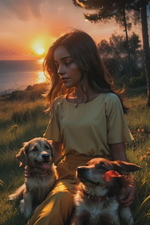 sultry woman sitting on a hill with a dog on her lap, powder Nándor Katona, malika favre, At the sunset, by Niko Henrichon, at sunset, profile image, by Felipe Device, with sunset, por Willian Murai, beautiful sunny day, por Herbert MacNair, At the sunset, in a beautiful sunset