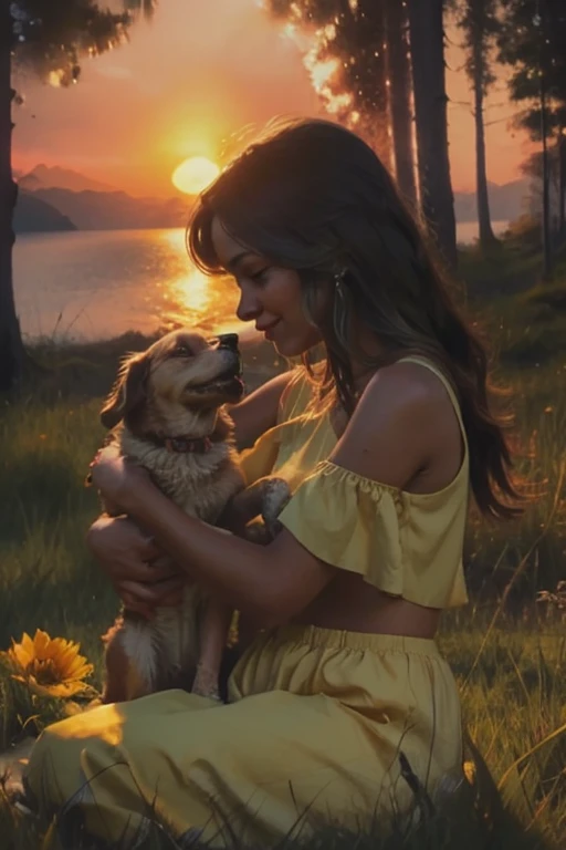 sultry woman sitting on a hill with a dog on her lap, powder Nándor Katona, malika favre, At the sunset, by Niko Henrichon, at sunset, profile image, by Felipe Device, with sunset, por Willian Murai, beautiful sunny day, por Herbert MacNair, At the sunset, in a beautiful sunset