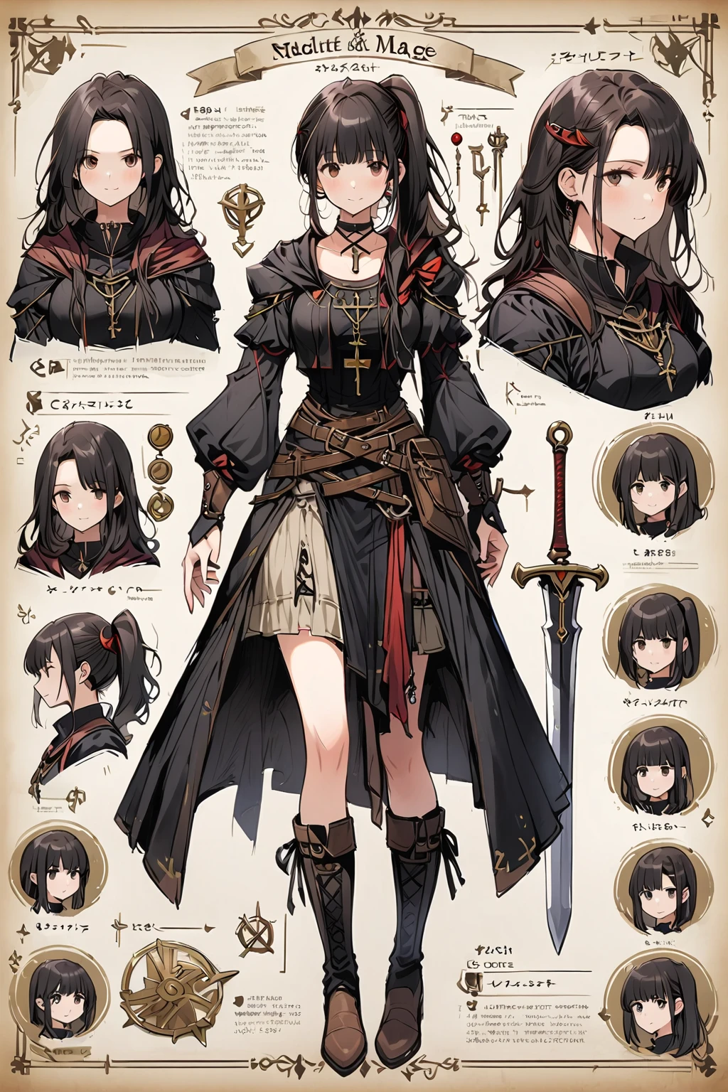 Framed Presentation of a mage, woman character design sheet, with detailed accessories, shoes, medieval equipament, swords, full body,((full body))long spear，brunette colored hair，teenage girl,High Side Ponytail,light green hair,