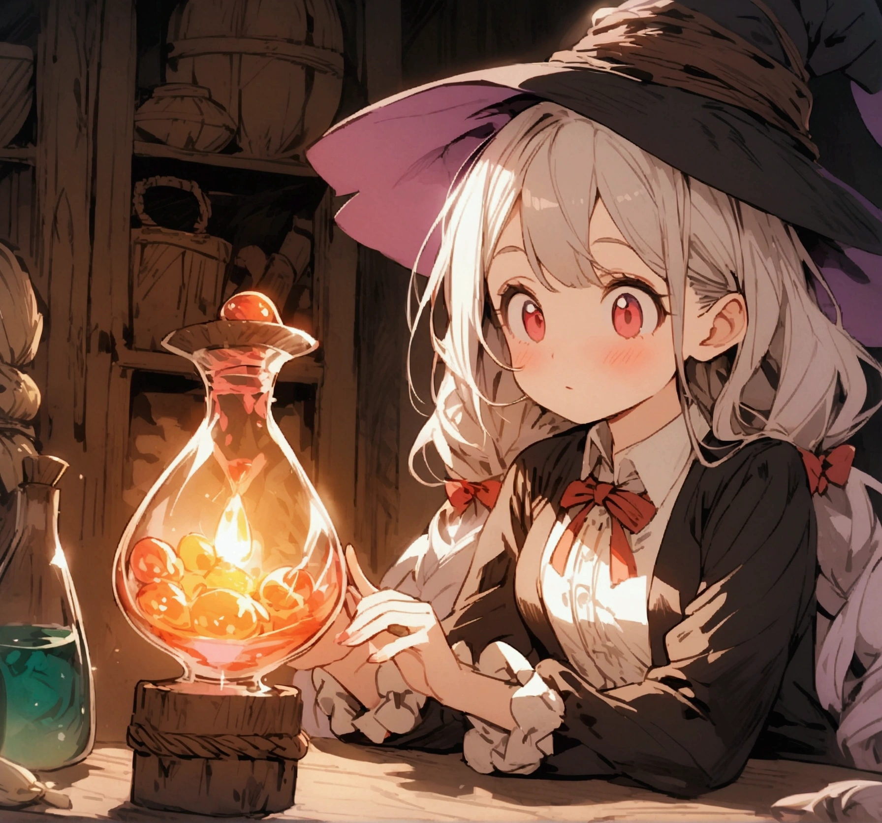 masterpiece, top-quality, One young wizard、cute little、magic wands、Magic broom、medicinal herbs、nutty、mushroom、Magic House、Magic Kitchen、hour glass、detailed and beautiful faces、beautidful eyes、seducting smile、majutsu、magical fantasy、in isekai、Dark hooded cloak、Hooded、FULL BODYSHOT、Dynamic angles、Magic costume、