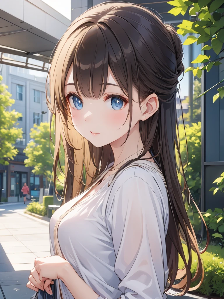 Masterpiece, 8k, Highest quality, Depth of subject, Beautiful high school girl, A gentle gaze, Relaxed atmosphere, Your face is so cute, Emotional expressions, Japanese cityscape, Back Alley, stroll, Beautiful, detailed depiction, Soft sunlight, good morning