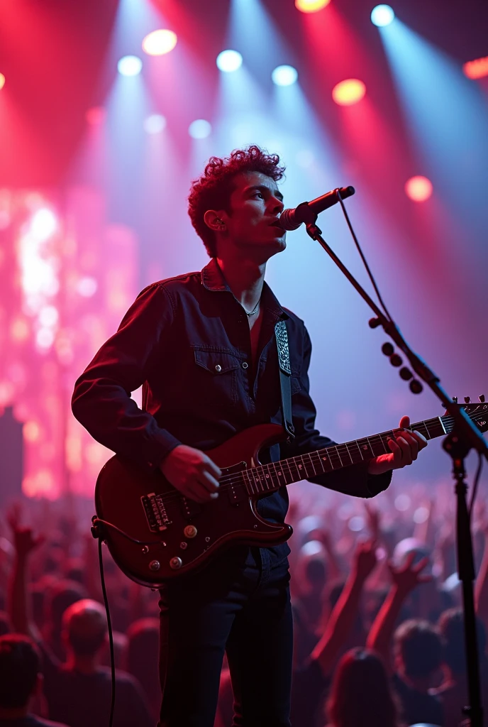 a young man performing on stage, detailed facial features, concert, music performance, dynamic pose, colorful lighting, crowd in the background, intricate stage design, energy and emotion, photorealistic, 8k, hyperdetailed, cinematic lighting, dramatic colors, vibrant energy, masterpiece