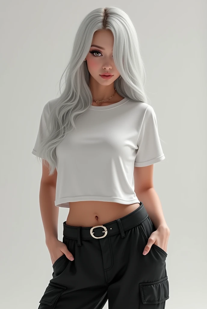 photorealistic, high resolution, 1 girl, white hair, korean, blue eyes, white shirt, skimpy tight black shorts, thick thighs