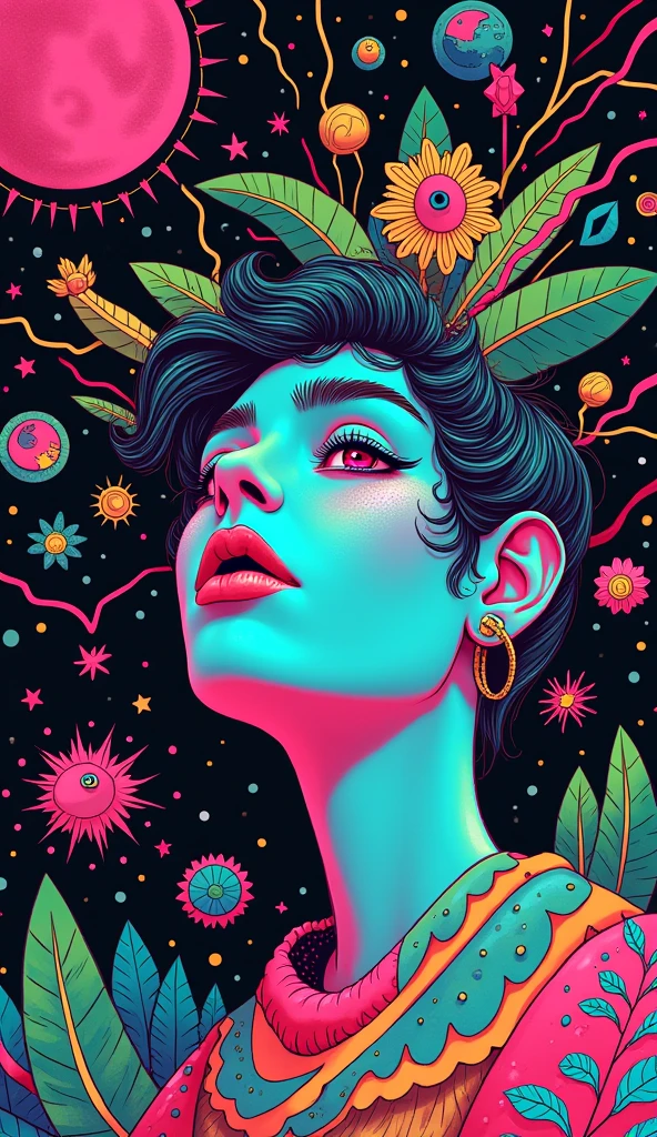 80s Vibe, a cosmic goddess in a minimalist painting, her radiant form embodying the essence of equanimity amidst a backdrop of abstract digital code and glitch aesthetic motifs, evoking a sense of nostalgia for the decade that defined generative art's origins., monsters00d <lora:monsters00d:0.7>