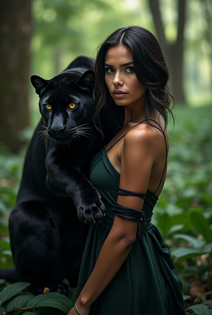 A black panther and green eyes in a tree at night in the rainforest