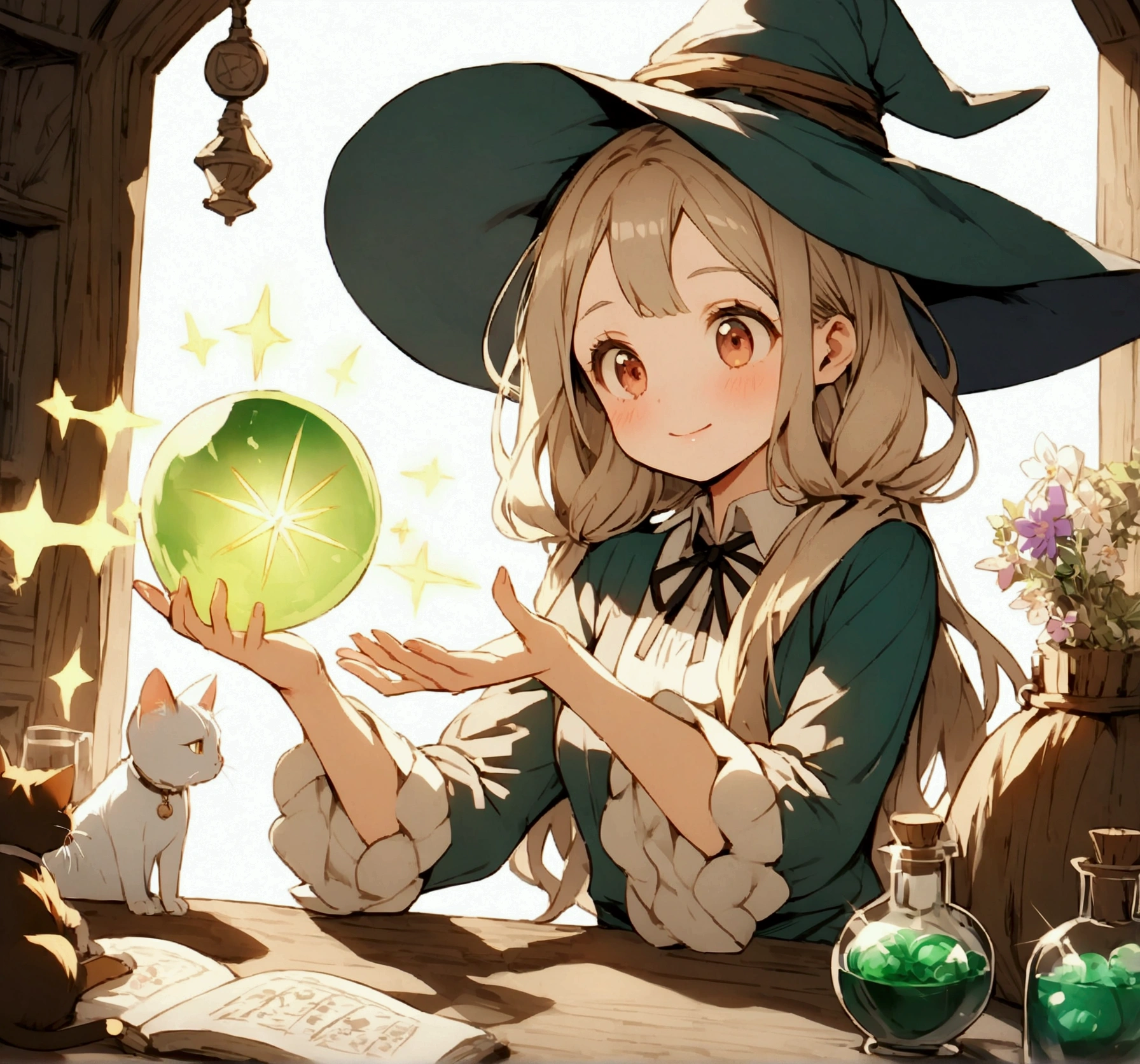 Anime girl in witch hat、Sitting at a table with a cat, Alchemist Girl, Frivolous anime witch casting a spell, Put a spell on the potion, She is making potions, Witch Academia, Make potions in the witch&#39;s hut, Young female wizard, Witch Girl, Making medicine, At the potion shop, Magic Potion, fantasy alchemist laboratory