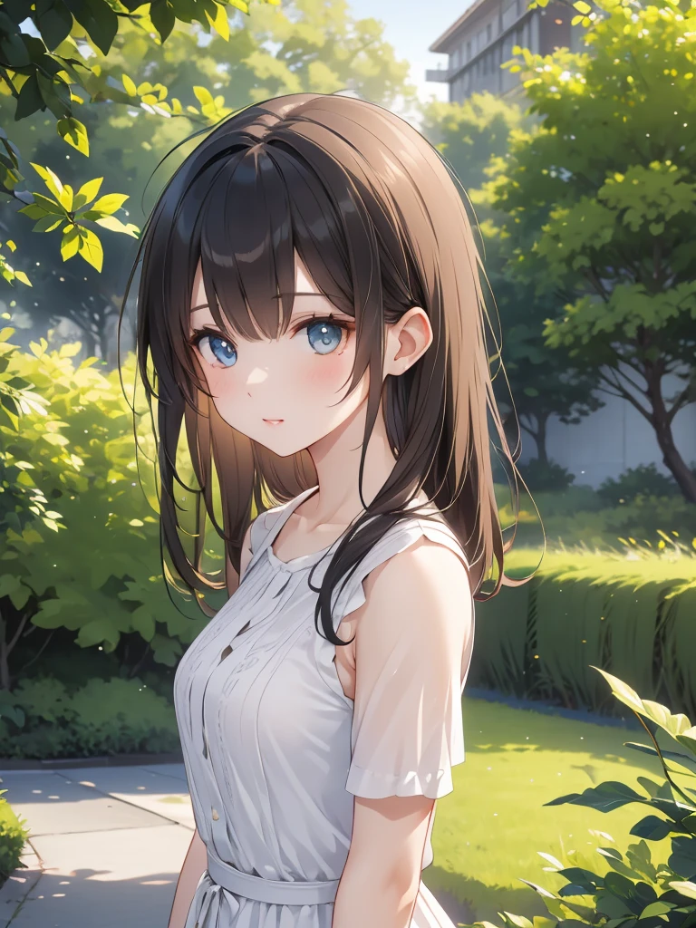 Masterpiece, 8k, Highest quality, Depth of subject, Beautiful high school girl, A gentle gaze, Relaxed atmosphere, Your face is so cute, Emotional expressions, Japanese cityscape, Back Alley, stroll, Beautiful, detailed depiction, Soft sunlight, good morning