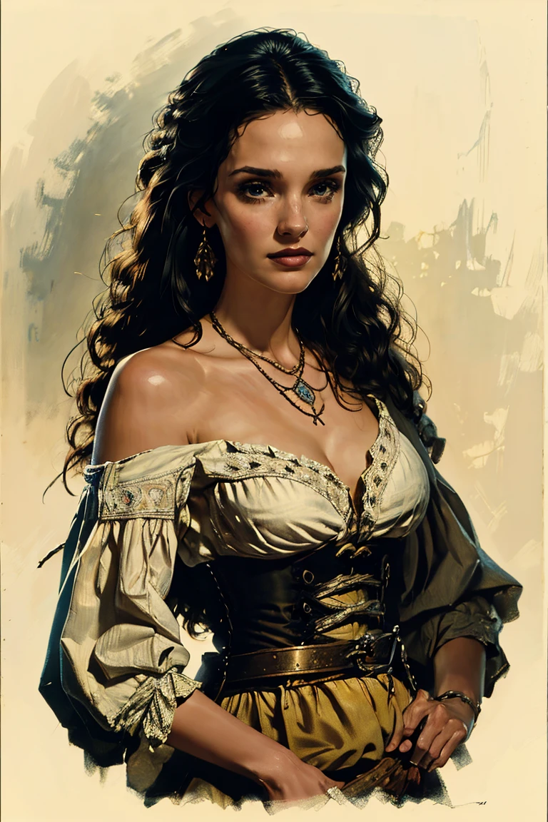 Winona Ryder as an aristocratic woman from the 17th century, highly detailed cinematic illustration, black outlining, full color illustration, vivid colors, white background, masterpiece, 8k, ultra-detailed, physically-based rendering, dramatic lighting, intricate background, photorealistic