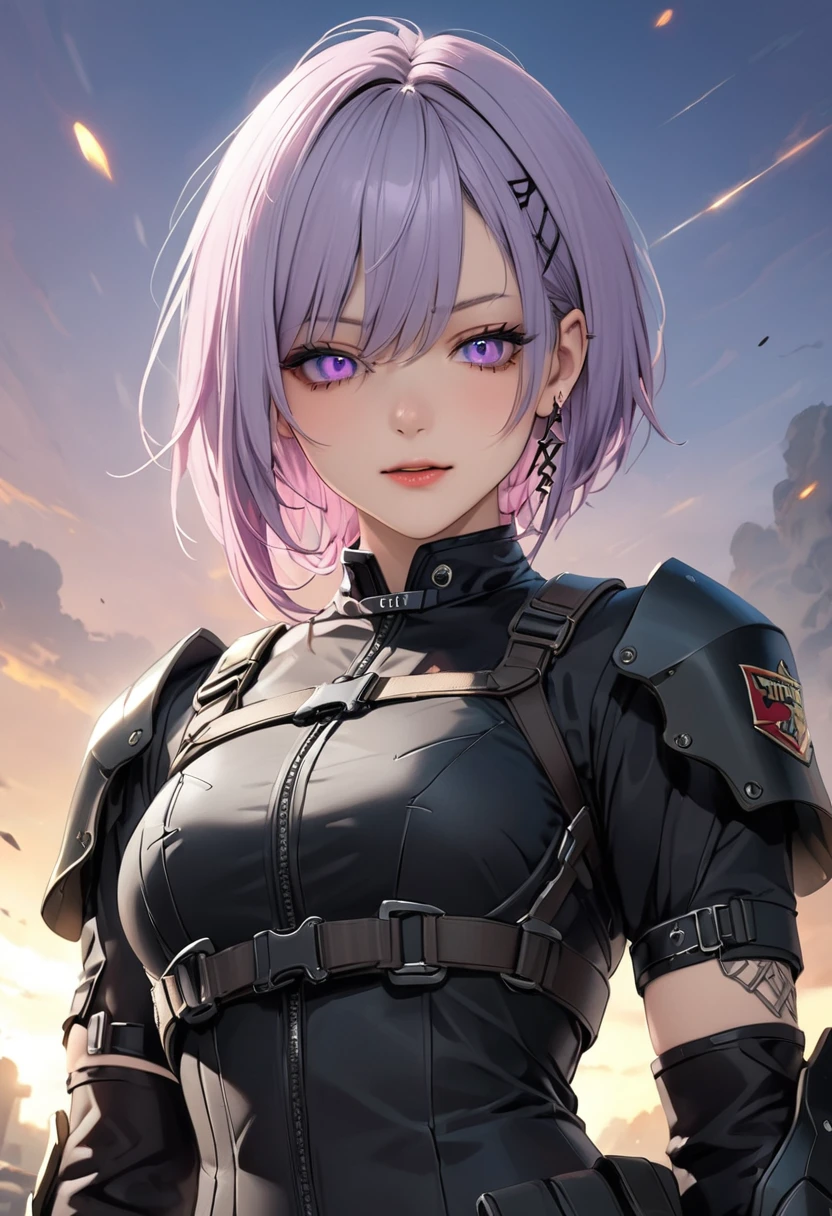 (Top resolution, Distinct_image) best qualtiy, upper body, ((purple eyes, glowing eyes)),  ((Healthy brown skin)), ((Battle suit)), Dynamic poses, Reinforced exoskeleton, femele, pencil skirts, masutepiece, nervous smile, Highly detailed, Half realistic, 
BREAK grey hair, blue eyes, short haircut, punk rock girl, red_eyeshadows, 
 2, shoulder-length hair, Black metal clothing, Black uniform, Army Suit, Military Academy, Beautiful, Heroic, Heroic, Fantasy World, Delicate and delicate facial features,