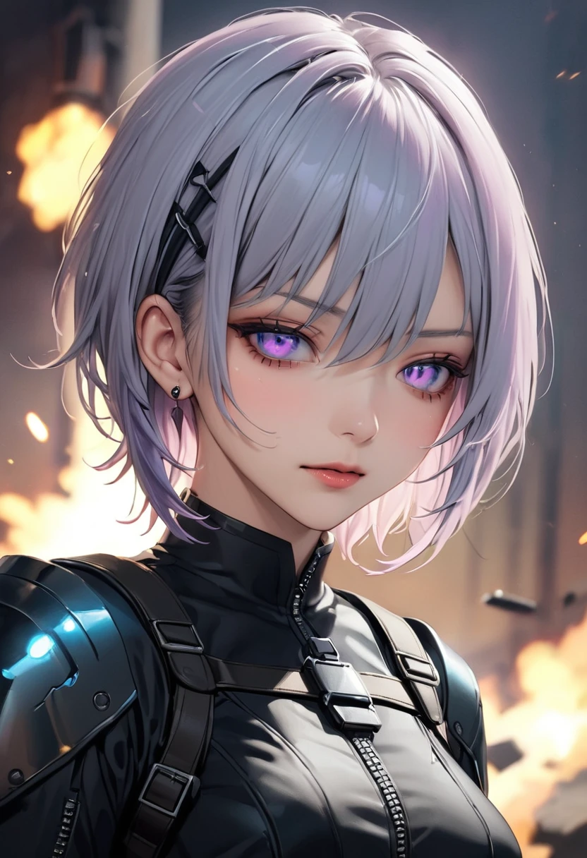 (Top resolution, Distinct_image) best qualtiy, upper body, ((purple eyes, glowing eyes)),  ((Healthy brown skin)), ((Battle suit)), Dynamic poses, Reinforced exoskeleton, femele, pencil skirts, masutepiece, nervous smile, Highly detailed, Half realistic, 
BREAK grey hair, blue eyes, short haircut, punk rock girl, red_eyeshadows, 
 2, shoulder-length hair, Black metal clothing, Black uniform, Army Suit, Military Academy, Beautiful, Heroic, Heroic, Fantasy World, Delicate and delicate facial features,