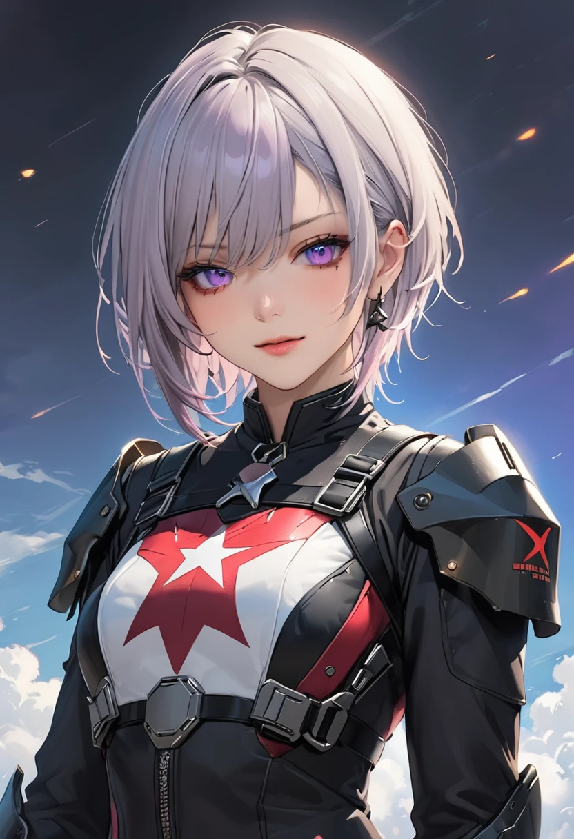 (Top resolution, Distinct_image) best qualtiy, upper body, ((purple eyes, glowing eyes)),  ((Healthy brown skin)), ((Battle suit)), Dynamic poses, Reinforced exoskeleton, femele, pencil skirts, masutepiece, nervous smile, Highly detailed, Half realistic, 
BREAK grey hair, blue eyes, short haircut, punk rock girl, red_eyeshadows, 
 2, shoulder-length hair, Black metal clothing, Black uniform, Army Suit, Military Academy, Beautiful, Heroic, Heroic, Fantasy World, Delicate and delicate facial features,