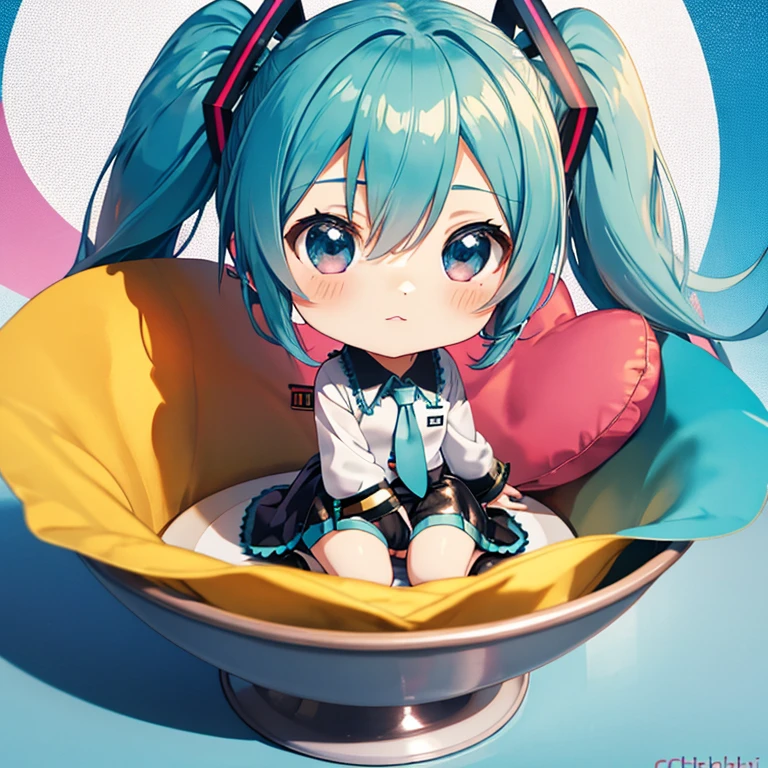 masterpiece, best quality, chibbi girl, panties, bunny girl, full body, small breasts, white socks, hatsune miku, gothic dress, sitting, legs crossed
