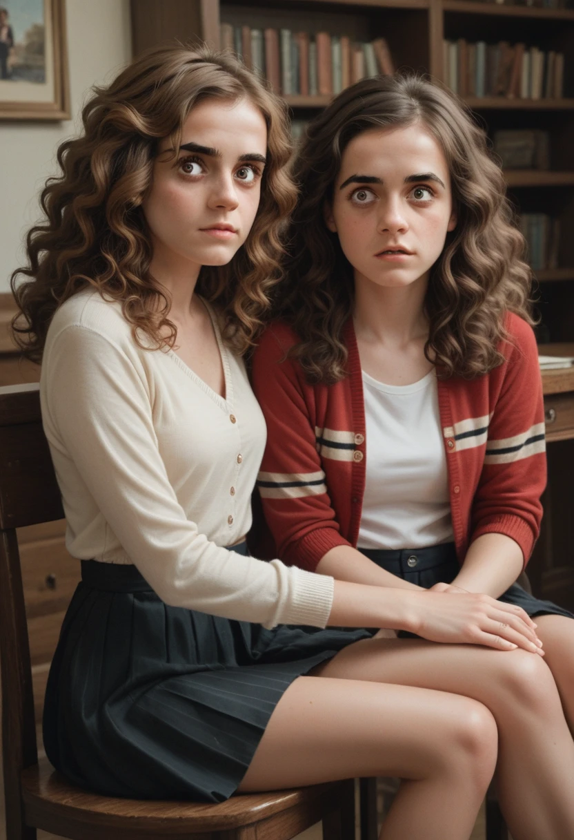 Two girls, Hermione Granger and her girlfriend, brunette curly long hair, sitting in a coffe, wide open eyes, wears, misterious, masterpiece, 8k, dinamic pose, 