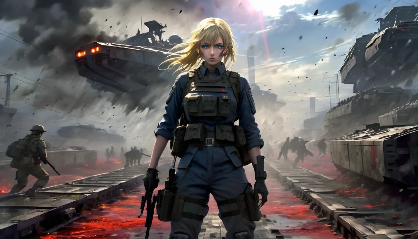 (anime)、(masterpiece:1.2),Atmospheric Perspective,Lens Flare、Foggy Battlefield, Makes the world look grey、 The female soldier is crouching.。With an irritated look on his face, he vows revenge..。Rain-soaked hair、blonde、blue eyes、armed armored train、Traces of fierce fighting are everywhere、Smoke rising from everywhere、A work of faint color M4 Carbine，gun