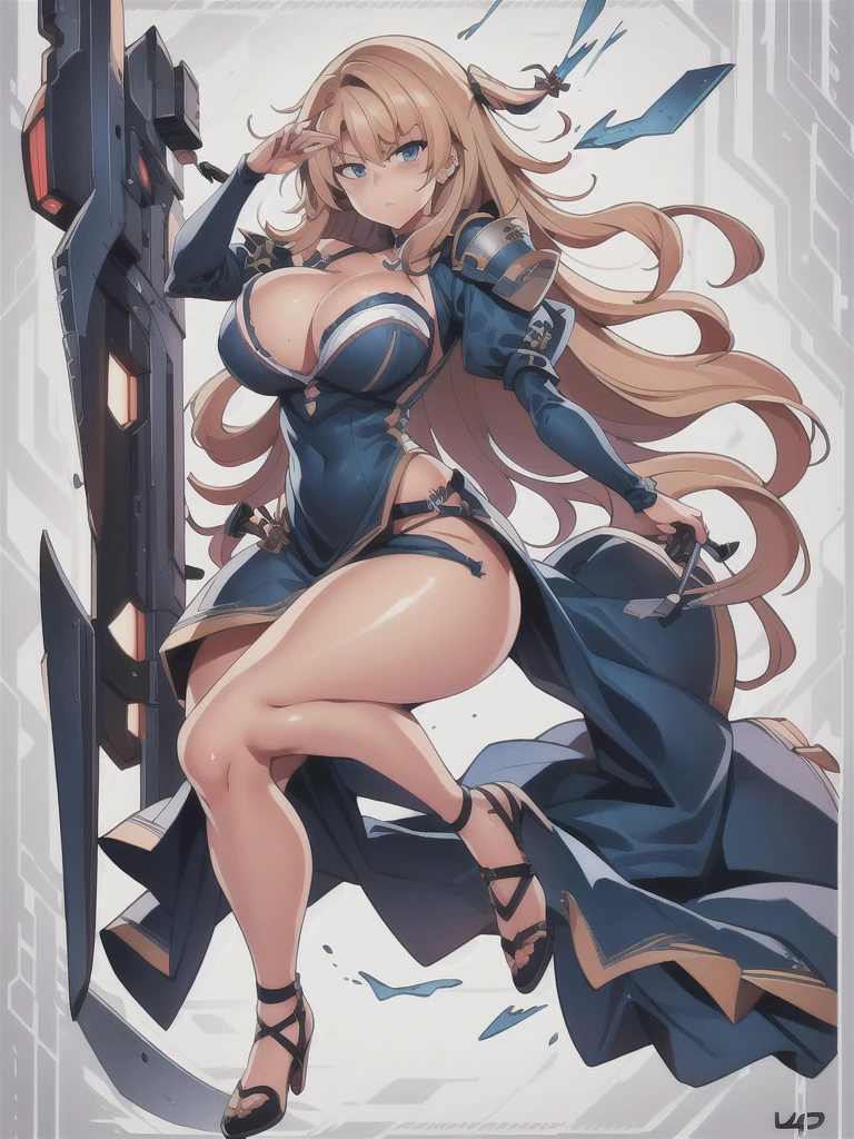 masterpiece,best quality,kim_kwang_hyun, 1girl ,u47\(azur lane\), Blondie hair,plumpy, solo, Blondie hair, shiny hair, large huge breasts, looking at viewer, blue eyes, Blondie hair, big boson, large huge breasts, long sleeves, dress, cleavage, closed mouth, weapon (( sword )), puffy sleeves, arm up, clothing cutout, copyright name, blue dress, cleavage cutout, juliet sleeves , power armor, shoulder armor, Blondie hair, blue eyes, Serious 