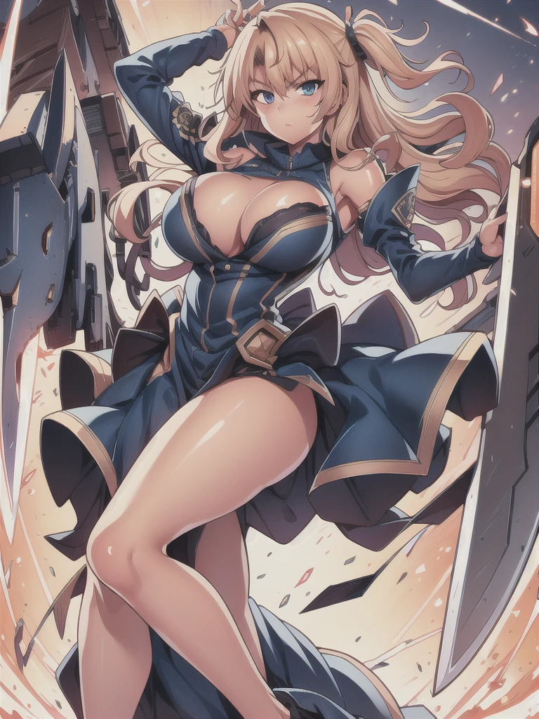 masterpiece,best quality,kim_kwang_hyun, 1girl ,u47\(azur lane\), Blondie hair,plumpy, solo, Blondie hair, shiny hair, large huge breasts, looking at viewer, blue eyes, Blondie hair, big boson, large huge breasts, long sleeves, dress, cleavage, closed mouth, weapon (( sword )), puffy sleeves, arm up, clothing cutout, copyright name, blue dress, cleavage cutout, juliet sleeves , power armor, shoulder armor, Blondie hair, blue eyes, Serious 